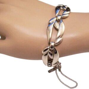 Monet Leaf Bracelet Silver Tone Vintage Open Large Curve Band Polished Metal